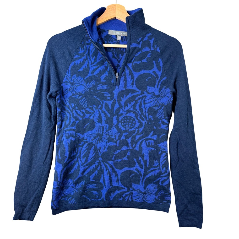 Title Nine Merino Wool Quarter Zip Pullover Floral Blue Sweater Small Long Slv